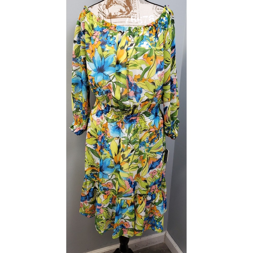 Bar III Off-The-Shoulder Dress Womens XL Multi Floral Lined Ruffle Smocked Waist